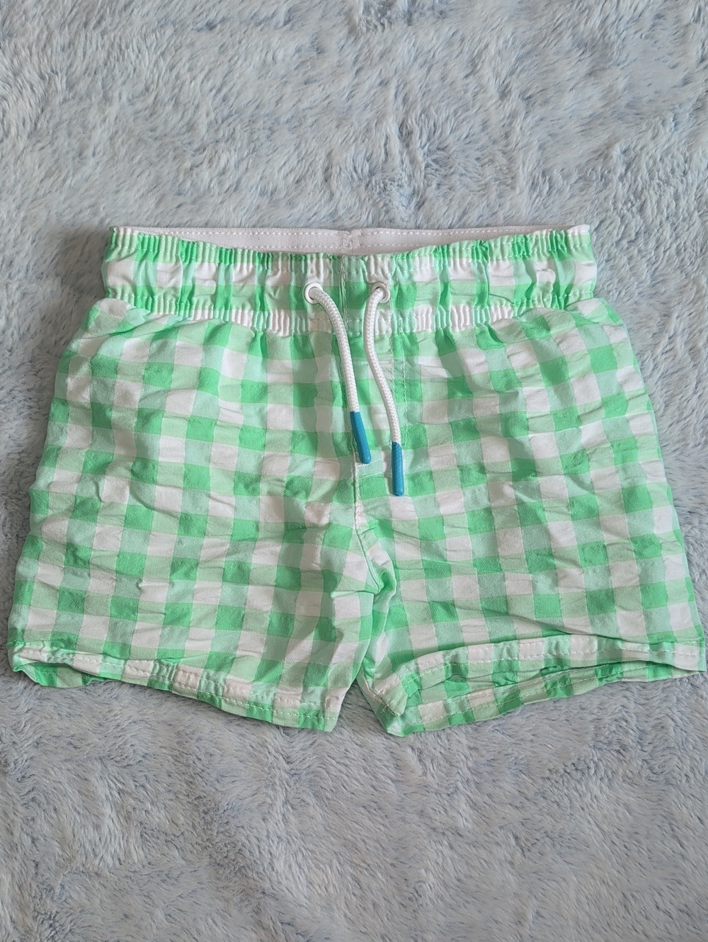 EUC 3T Cat & Jack Neon Flourescent Green Swim Trunks Shorts Plaid Gingham Check